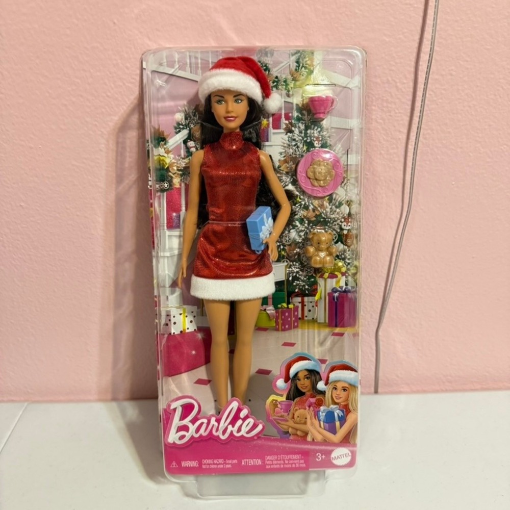Mattel Barbie Holiday Doll 2023 Brunette Red Metallic Dress Santa Hat